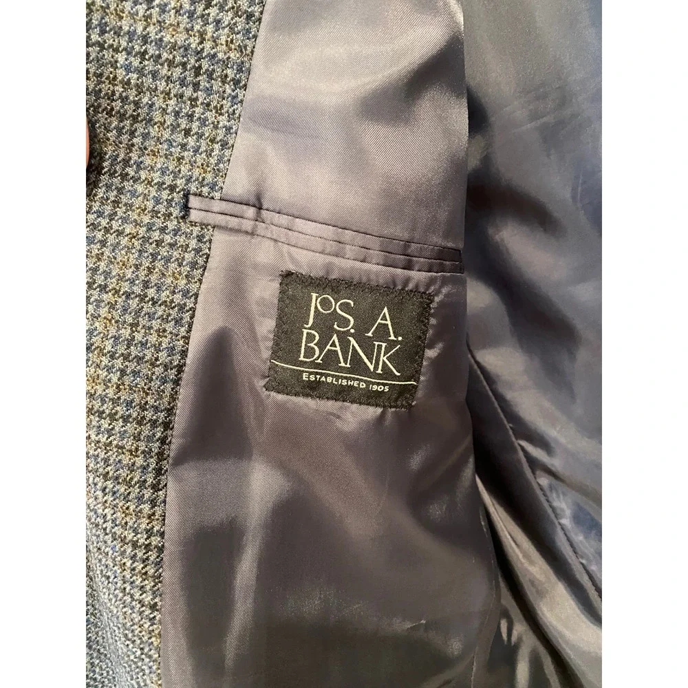 Jos A Bank Mens‎ 44L Sport Coat Blue Brown Micro Houndstooth 100% Wool Blazer